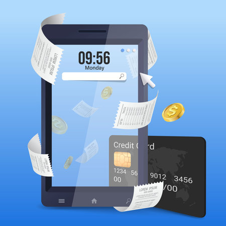 Pay bill with mobile application via credit and debit card. Online bill payment without going to the bank. Pay receipt online shopping On mobile. Phone money transfer via online wallet without fee.のイラスト素材