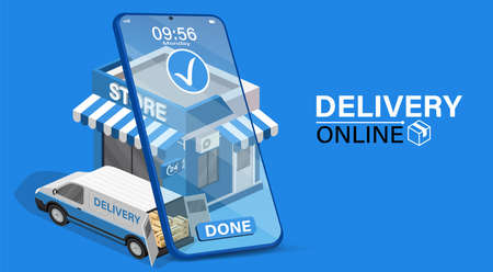 Parcel tracking app. 
delivery truck with cargo box is on a mobile phone. Online Parcel Inspection Concept.Online delivery transport logistics service. Warehouse factory express delivery box.のイラスト素材