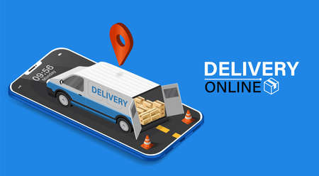 Parcel tracking app. delivery truck with cargo box is on mobile phone. Online Parcel Inspection Concept.Online delivery transport logistics service. Warehouse factory express delivery box.のイラスト素材