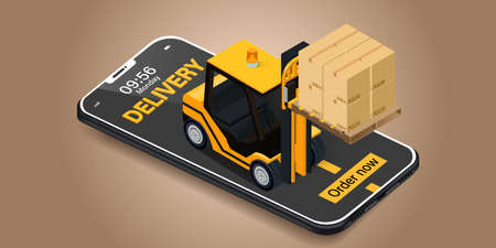 Parcel tracking app. Yellow forklift with cargo box is on mobile phone. Online Parcel Inspection Concept.Online delivery transport logistics service. Warehouse factory express delivery box.のイラスト素材
