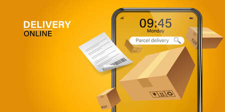 Parcel tracking app. 
delivery with cargo box is on a mobile phone. Online Parcel Inspection Concept.Online delivery transport logistics service. Warehouse factory express delivery box.のイラスト素材