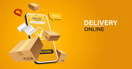 Parcel tracking app. 
delivery truck with cargo box is on a mobile phone. Online Parcel Inspection Concept.Online delivery transport logistics service. Warehouse factory express delivery box.のイラスト素材