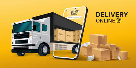Parcel tracking app. 
delivery truck with cargo box is on a mobile phone. Online Parcel Inspection Concept.Online delivery transport logistics service. Warehouse factory express delivery box.のイラスト素材