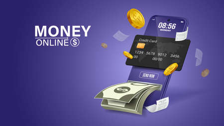 The credit card on mobile phone and banknote comes out of mobile on purple background.digital wallet concept vector illustration.Concept of spending money online through the internetのイラスト素材
