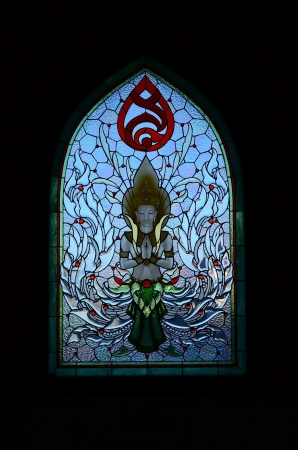 Colored Glass Window, Buddhist temple, Santikhiri Village, Doi Mae Salong, Chiangrai, Nothern Thailandの写真素材