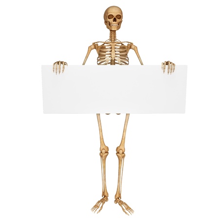 skeleton holding sign isolated with blankの写真素材