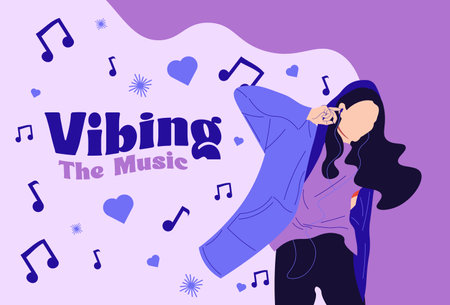 Teenager Woman Listening the Music with Headphone Flat Character suitable for background and illustrationのイラスト素材