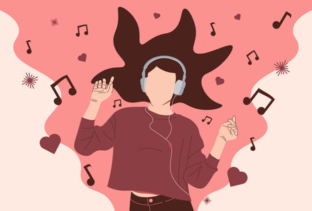 Teenager Woman Listening the Music with Headphone Flat Character 2 suitable for background and illustrationのイラスト素材