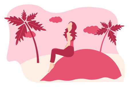 Traveling Woman to the Beach Flat Character suitable for background and illustrationのイラスト素材