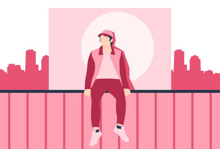 City Casual Boy Sitting on the Public Space Flat Character suitable for background and illustrationのイラスト素材