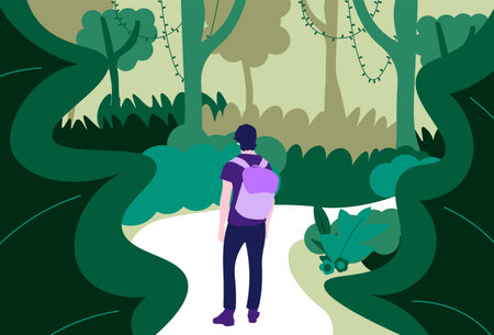 Man Traveling into the wild forest flat character suitable for illustration, background and graphic resourcesのイラスト素材