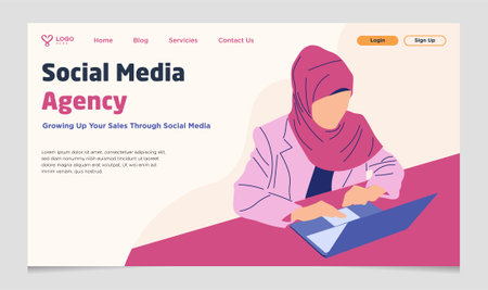 Social Media Agency Landing Page Template with Muslim Woman Illustrationのイラスト素材