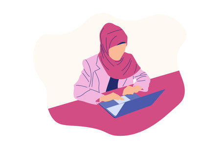 Islamic Woman in Laptop Flat Character suitable for flat design, illustration and background previewのイラスト素材