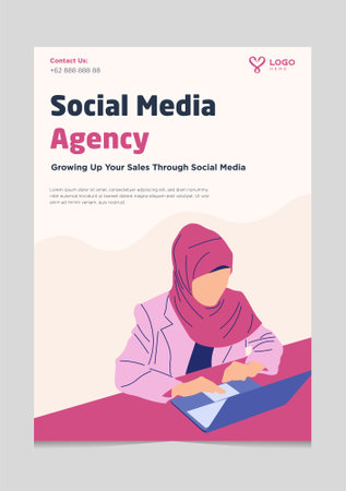 Social Media Agency Brochure Template with Muslim Woman Illustrationのイラスト素材