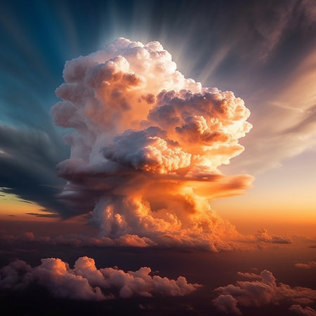 A Huge Cumulonimbus cloud looks majestic bathing in a golden sun light AI generativeの素材