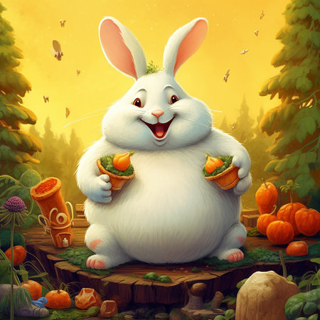 A cartoonish picture of a cute fat rabbit with white fur and a wide eye AI Generativeの素材
