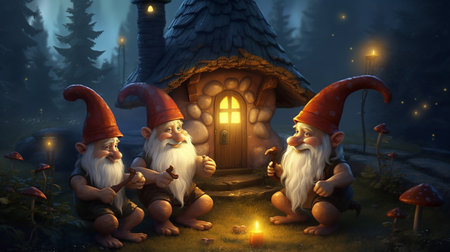 3 dwarves are having a conversation in front of their mushroom house AI Generativeの素材