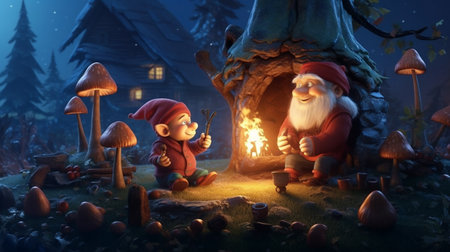 3 dwarves are having a conversation in front of their mushroom house AI Generativeの素材