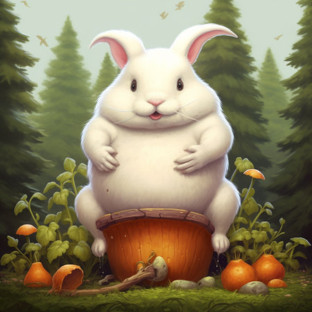 A cartoonish picture of a cute fat rabbit with white fur and a wide eye AI Generativeの素材