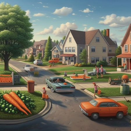 a normal morning in a beautiful suburban where everyone preparing for their day AI generativeの素材