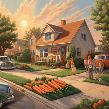 a normal morning in a beautiful suburban where everyone preparing for their day AI generativeの素材