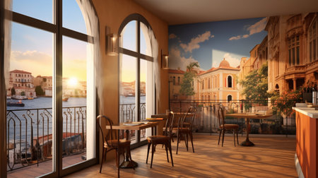 A panoramic scenery of a late afternoon in a authentic italy coffee shop AI Generativeの素材