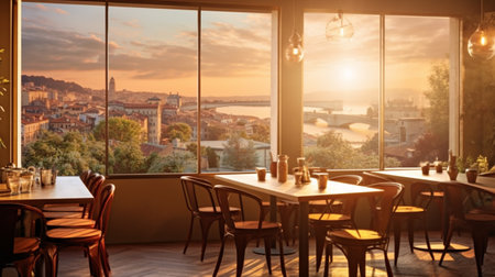 A panoramic scenery of a late afternoon in a authentic italy coffee shop AI Generativeの素材