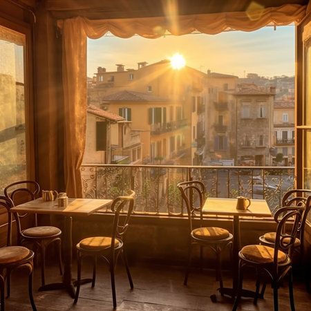 A panoramic scenery of a late afternoon in a authentic italy coffee shop AI Generativeの素材