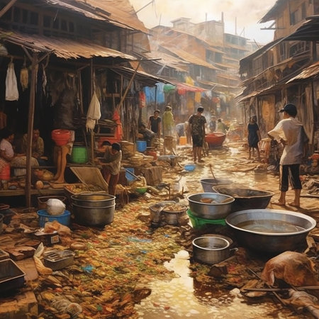 A slum south east asia traditional market that muddy and manifested by flies AI generativeの素材