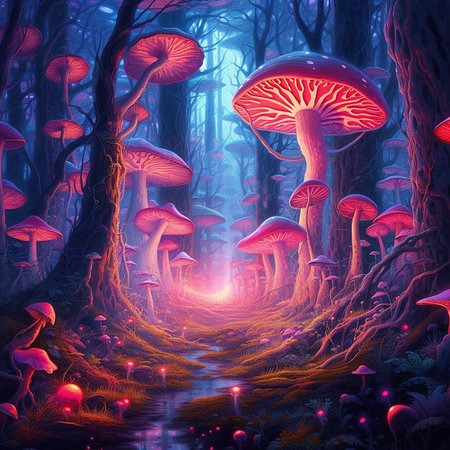Forest filled with fantasy neon trees and mushroom AI generativeの素材
