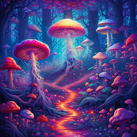 Forest filled with fantasy neon trees and mushroom AI generativeの素材