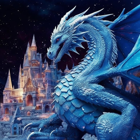 a mother dragon with a bluish color and its flying in a night sky full of stars AI generativeの素材
