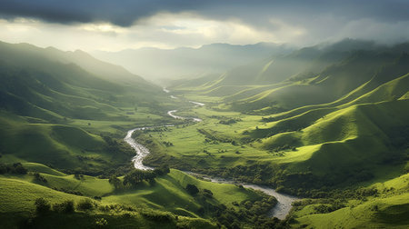 Panoramic photo of a green lush valley on a late afternoon, seems majestic AI generativeの素材