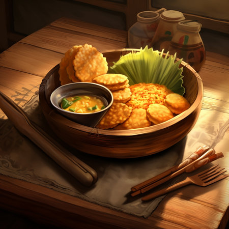 Realistic picture of karedok being presented in a wooden plate AI generativeの素材
