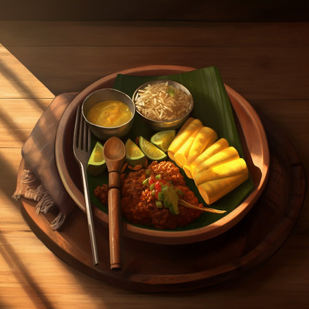 Realistic picture of karedok being presented in a wooden plate AI generativeの素材