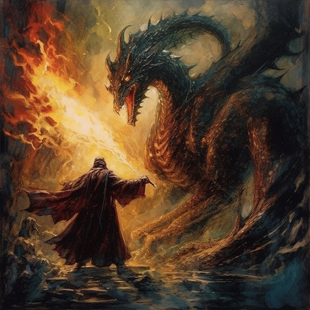 Tale-book like sketch of a wizard with a dark robe fighting a dragon AI generativeの素材