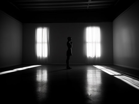black and white picture of a silhouette in the empty room generative AIの素材