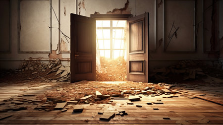 broken wooden door in the middle of the room AI Generativeの素材