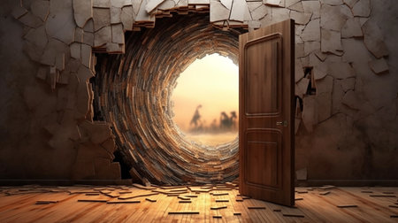 broken wooden door in the middle of the room AI Generativeの素材