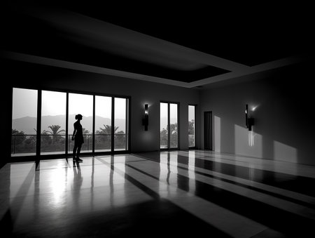black and white picture of a silhouette in the empty room generative AIの素材