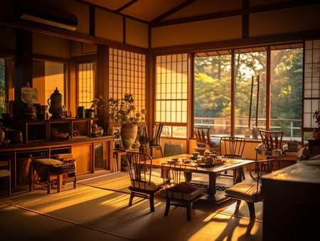 Japanese interior design, sun light, insane detail, smooth lighting AI generative photoの素材