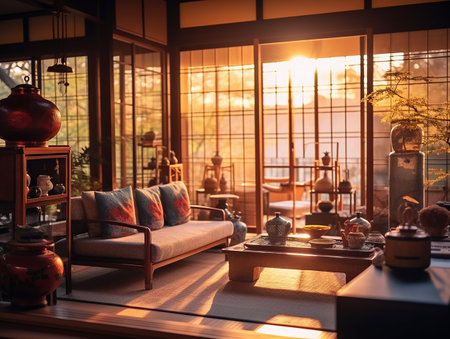 Japanese interior design, sun light, insane detail, smooth lighting AI generative photoの素材