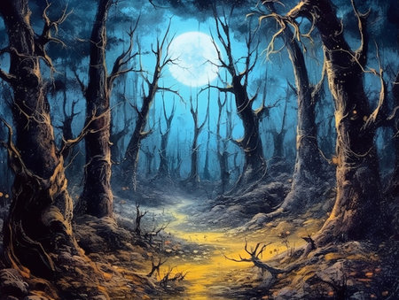 dark fantasy forest with moon in the sky AI generativeの素材