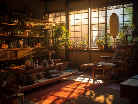Japanese interior design, sun light, insane detail, smooth lighting AI generative photoの素材