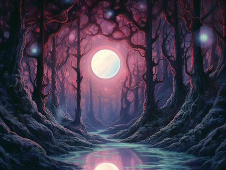 dark fantasy forest with moon in the sky AI generativeの素材