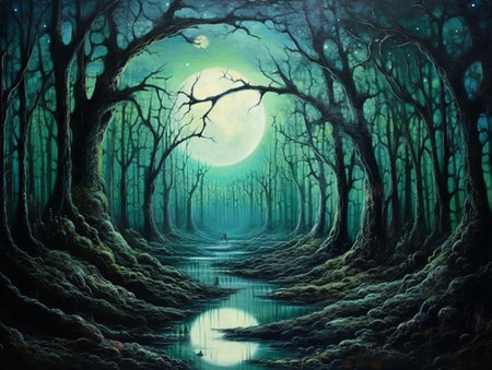 dark fantasy forest with moon in the sky AI generativeの素材