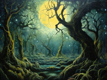 dark fantasy forest with moon in the sky AI generativeの素材