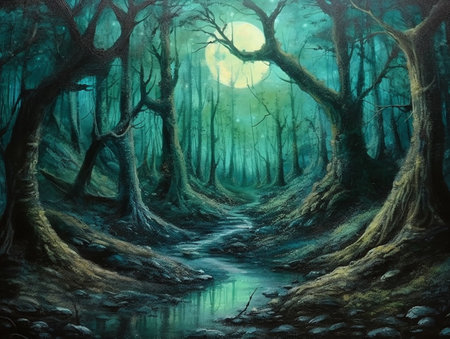 dark fantasy forest with moon in the sky AI generativeの素材
