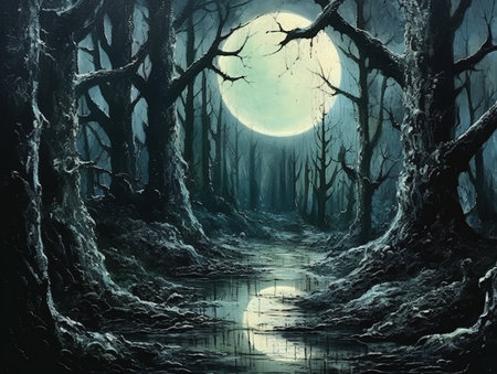 dark fantasy forest with moon in the sky AI generativeの素材
