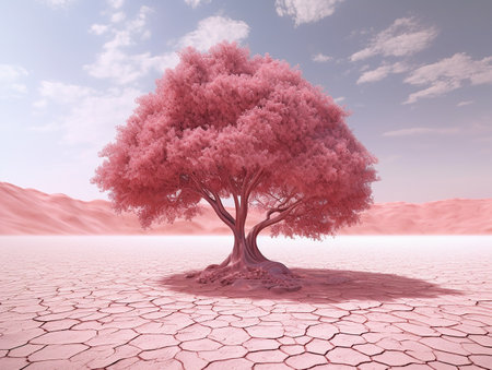panoramic picture of a baby pink leafed tree in the middle of red utopia desert AI generativeの素材